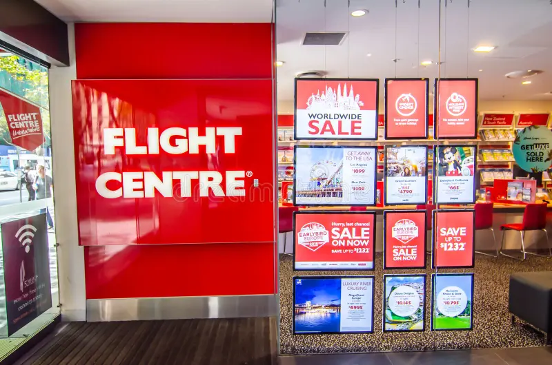 flight centre largest retailer travel australia image shows shopfront sale promotion detail glass window 120021672